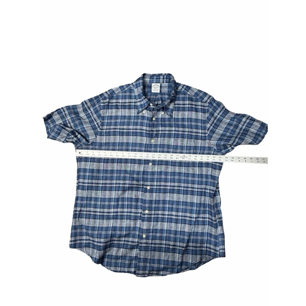 Brooks Brothers Men's XL Linen Plaid Button-Down Shirt Blue Green Brown White - Picture 4 of 8